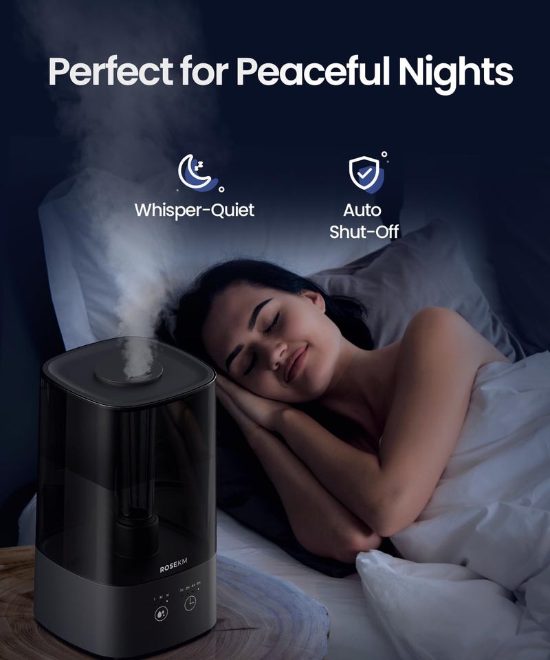 Rosekm 4.5L Humidifiers for Bedroom, Humidifiers for Home Large Room, Cool Mist Humidfiers for Baby and Plant with Timer, Adjustable Mist Level, 360° Nozzle, Auto Shut-Off, Black - Image 4